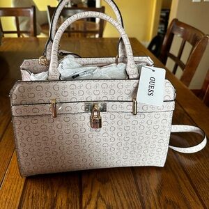 Guess Cream and Pink Monogram Satchel with Top Handles